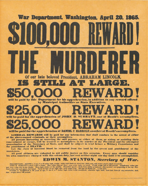 Abraham Lincoln - Assassination Reward Poster, April 20, 1865