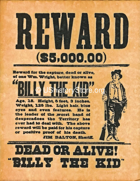 Billy the Kid $5,000 Reward Wanted Poster