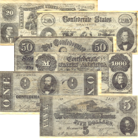 Confederate States Civil War Era Replica Currency Set C