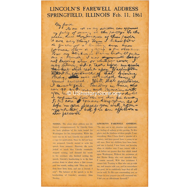 Abraham Lincoln - Farewell Address, Springfield, IL, Feb. 11, 1861