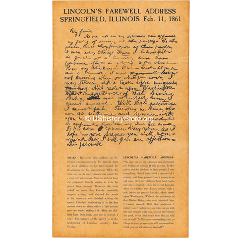 Abraham Lincoln - Farewell Address, Springfield, IL, Feb. 11, 1861