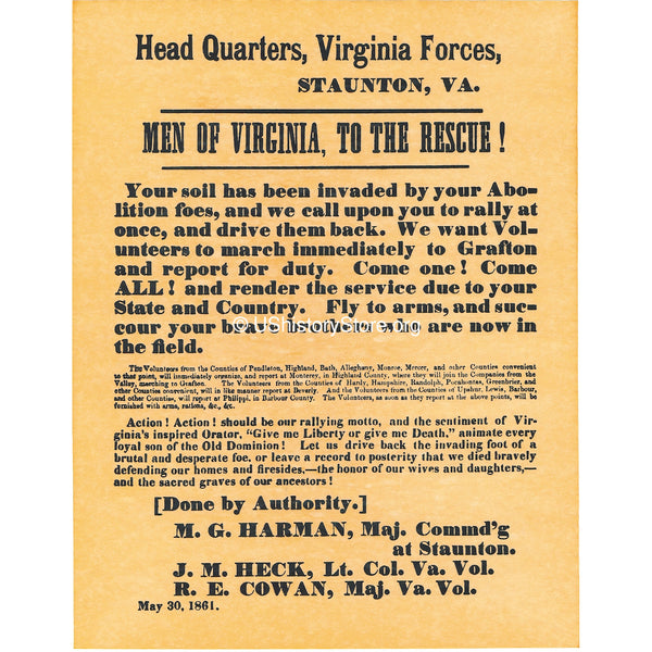 Men of Virginia Civil War Recruiting Poster 1861