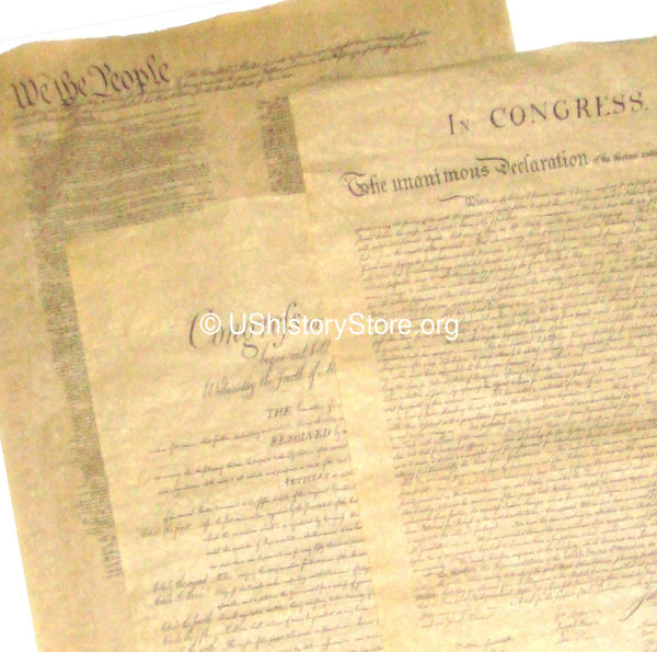 3 Large Poster Size Parchment Documents: Declaration of Independence, Constitution, Bill of Rights