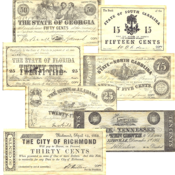 Confederate States Civil War Era Replica Currency Set D
