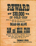 Sam & Belle Starr $10,000 Reward Wanted Poster