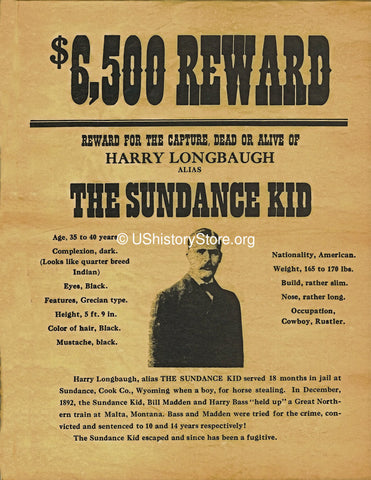 The Sundance Kid $6,500 Reward Wanted Poster 1892