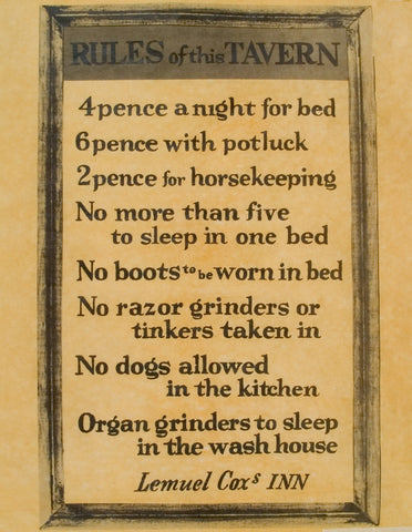 Rules of this Tavern - Colonial Lodging Price List & Rules